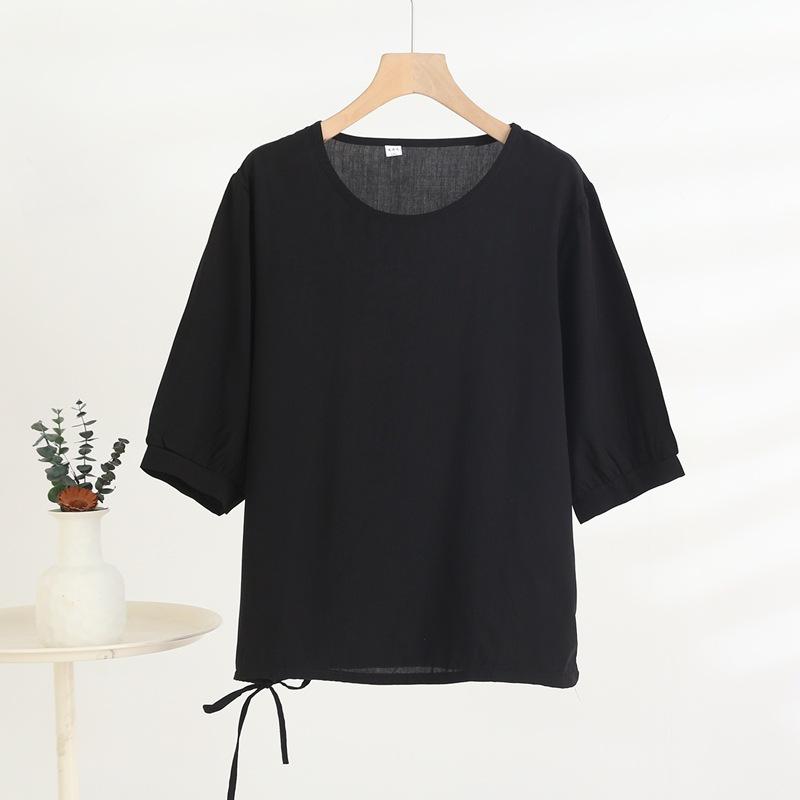 Mid-sleeved T-shirt, Sweet Floral Print, Stylish Drawstring Top, Summer Thin Plus-size Pullover