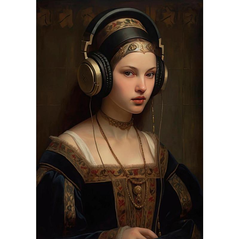 Neo Renaissance Funny Portrait Poster Girl Wearing Headphones Art  Retro Canvas Painting Prints Wall Bedroom Home Decoration