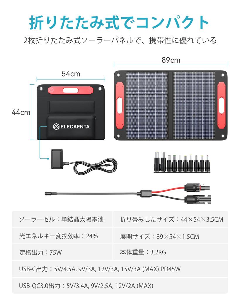 ELECAENTA Solar Fast Foldable Solar 3M DC Backflow Portable Power Solar Outdoor Disaster Preparedness Panel, 75W, PD45W, QC3.0 Charging, Charger,