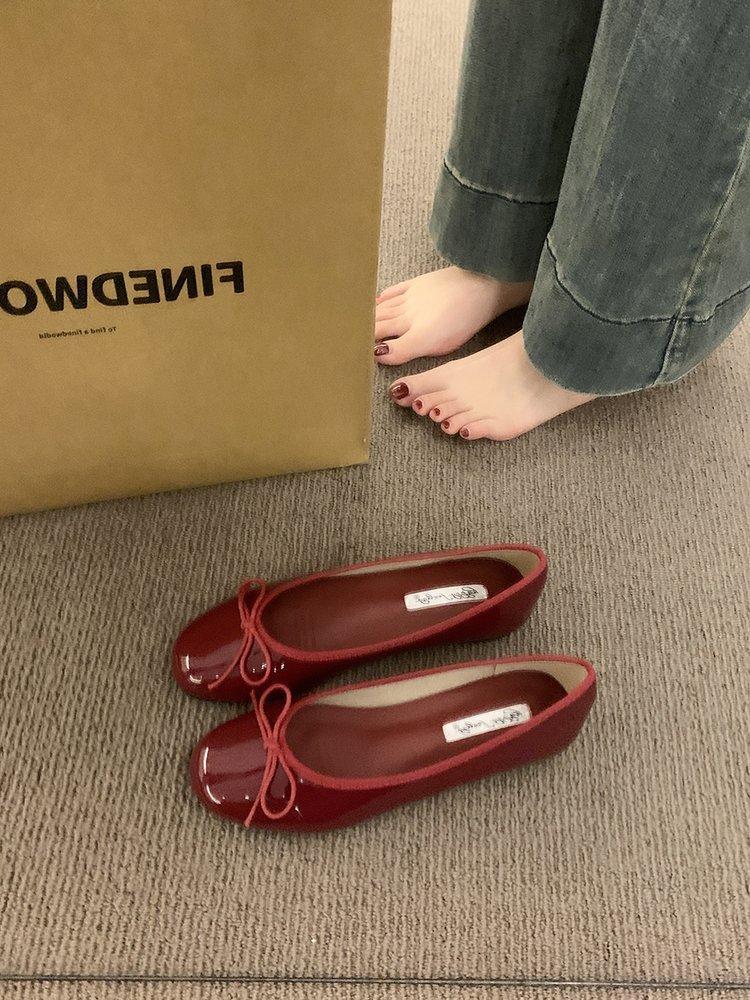 

[Youshilai] Bow fairy shallow mouth single shoes women s spring and autumn new French retro flat-bottomed Doudou shoes 40