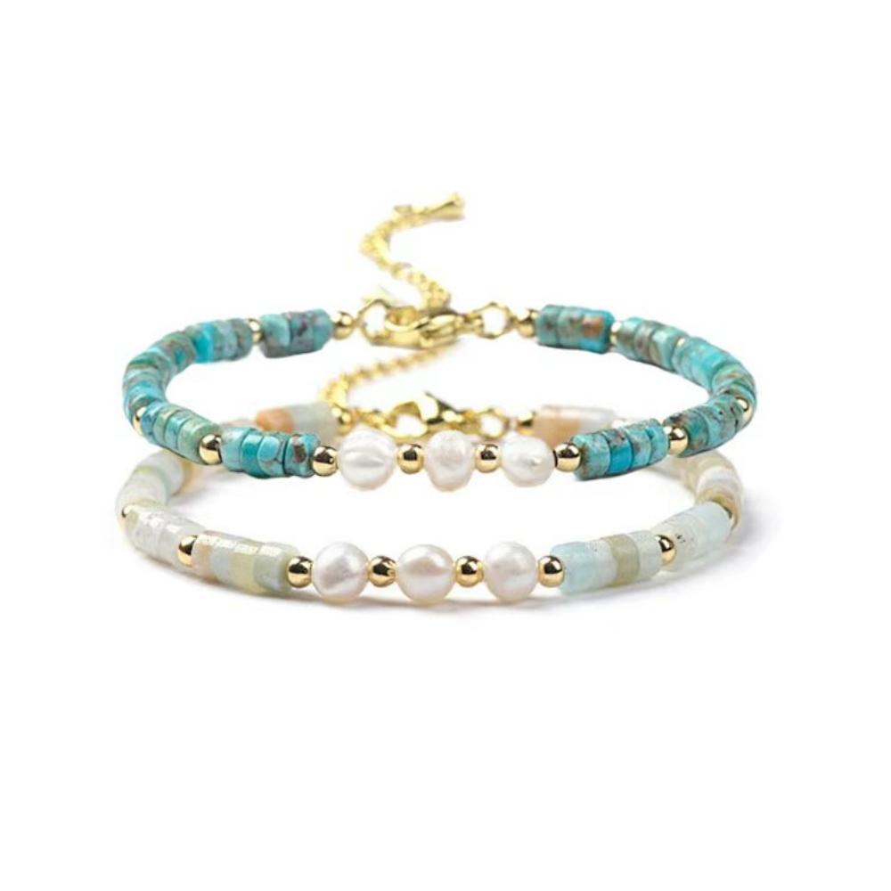 Vlen Natural Stone Heishi Bracelet for Women Amazonite Turquoise Real Pearls Beads Adjustable Pulseras Mujer Boho Jewelry