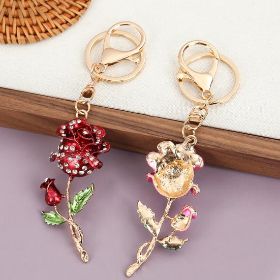 Keychain Pendant Rose Flower Shape Key Holder with Multicolor Rhinestones Anti-Oxidation Lobster Clasp Keyring Backpacks Car Accessory