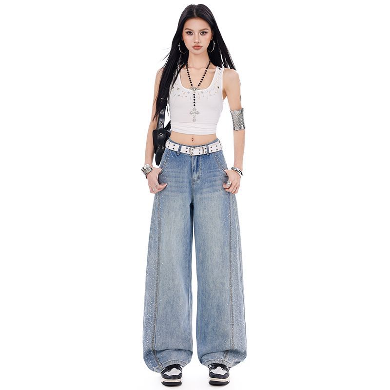 Early Spring Full Star Rhinestone Vintage Street High Waist Slim Fashion Saber Cut Denim Pants For Women Casual Pants Oversize Denim Trousers