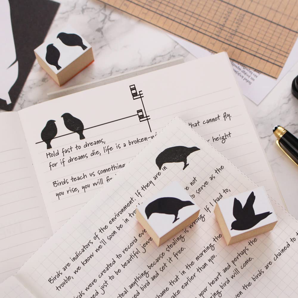 Cute and Stylish Wooden and Rubber Stamp Set Featuring Birds Perfect for Letter and Made In (crow, Finch, Etc.). Postcards, Stationery, Paper,