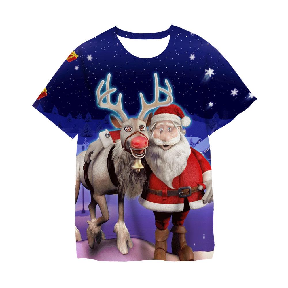 Boys' Merry Christmas Short Sleeve Summer Kids' Cartoon Santa Claus Elk Print T-shirt Casual Tshirt Loose Clothes Children Top
