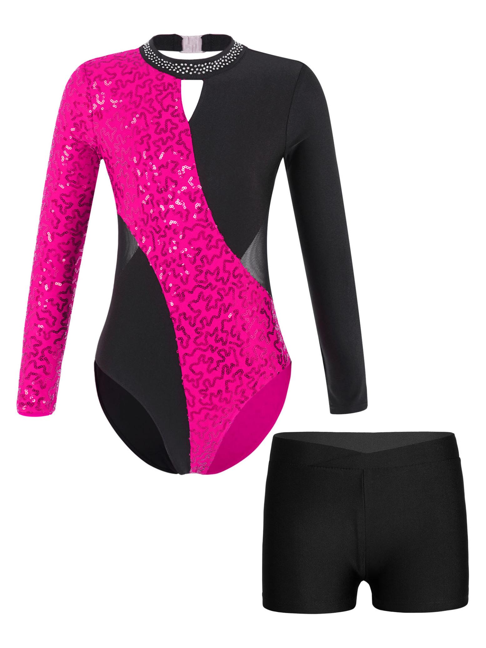 

Детский джазовый танцевальный костюм для девочек, 2 шт., художественная гимнастика, спортивная спортивная одежда, купальник с открытой спиной и блестками, шорты из однотонного материала 3-4 Years горячий розовый/чёрный