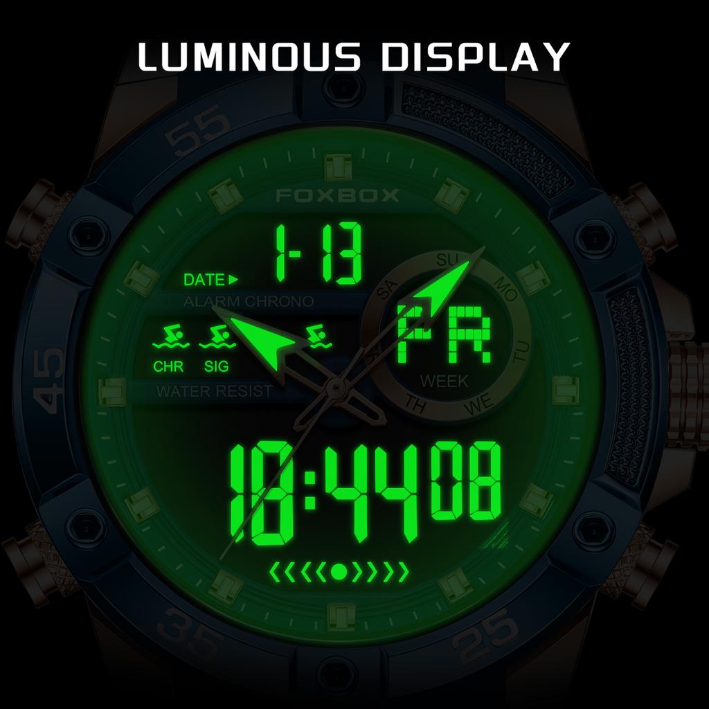 FOXBOX Top Luxury Quartz Wrist Watch For Men Business Steel Waterproof Sports Dual Display Military LED Digital Watches+Box