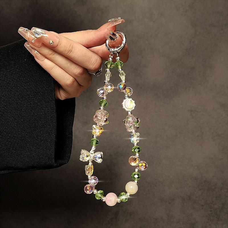Pvc Crystal Flower Phone Strap With Keychain Holder For Women And Men