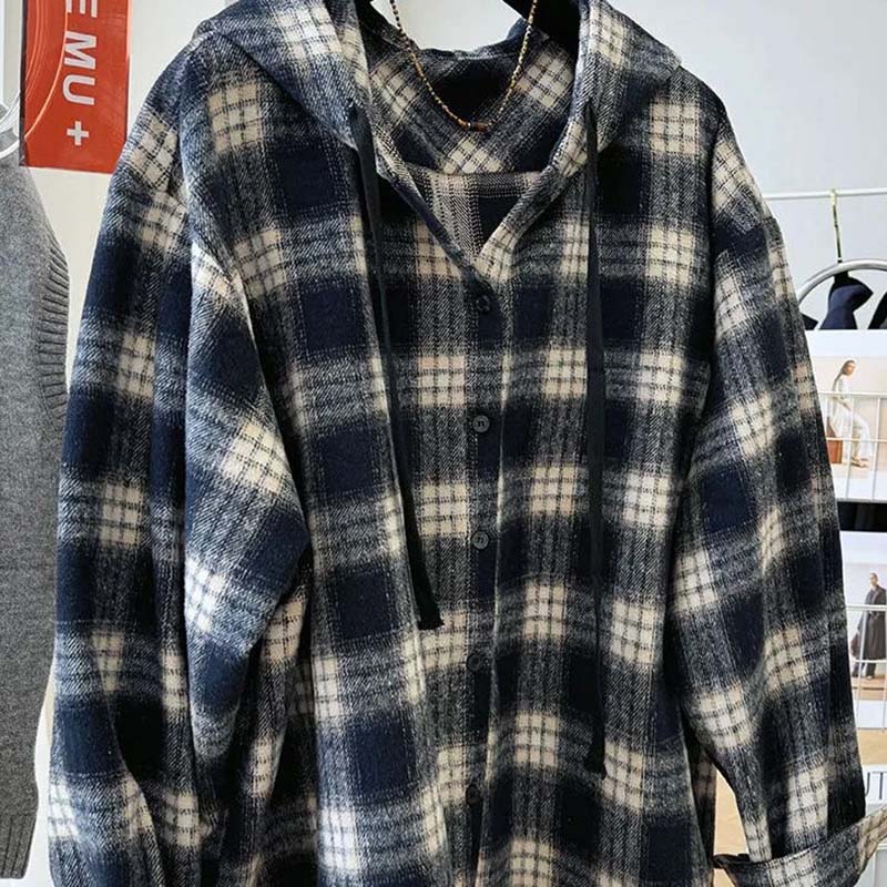 Kåpe for kvinner Bomull Høst Vinter Fortykket Casual Oversize Retro Løstsittende Langermet Rutete Børstet Jakke