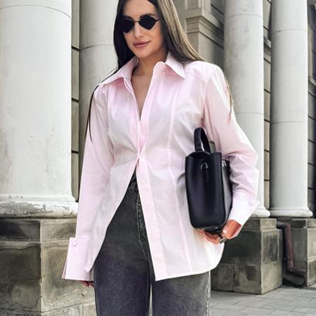 1116 Spring New European and American Fashion Design Sense Waist Split Pink Shirt Commuter Versatile Casual Top Women