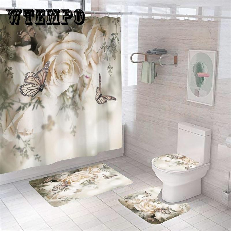 4Pcs Roses Butterfly Flower Shower Curtains Waterproof Bathroom Curtain Toilet Cover Mat Non-Slip Rug Set for Bathtub Decor