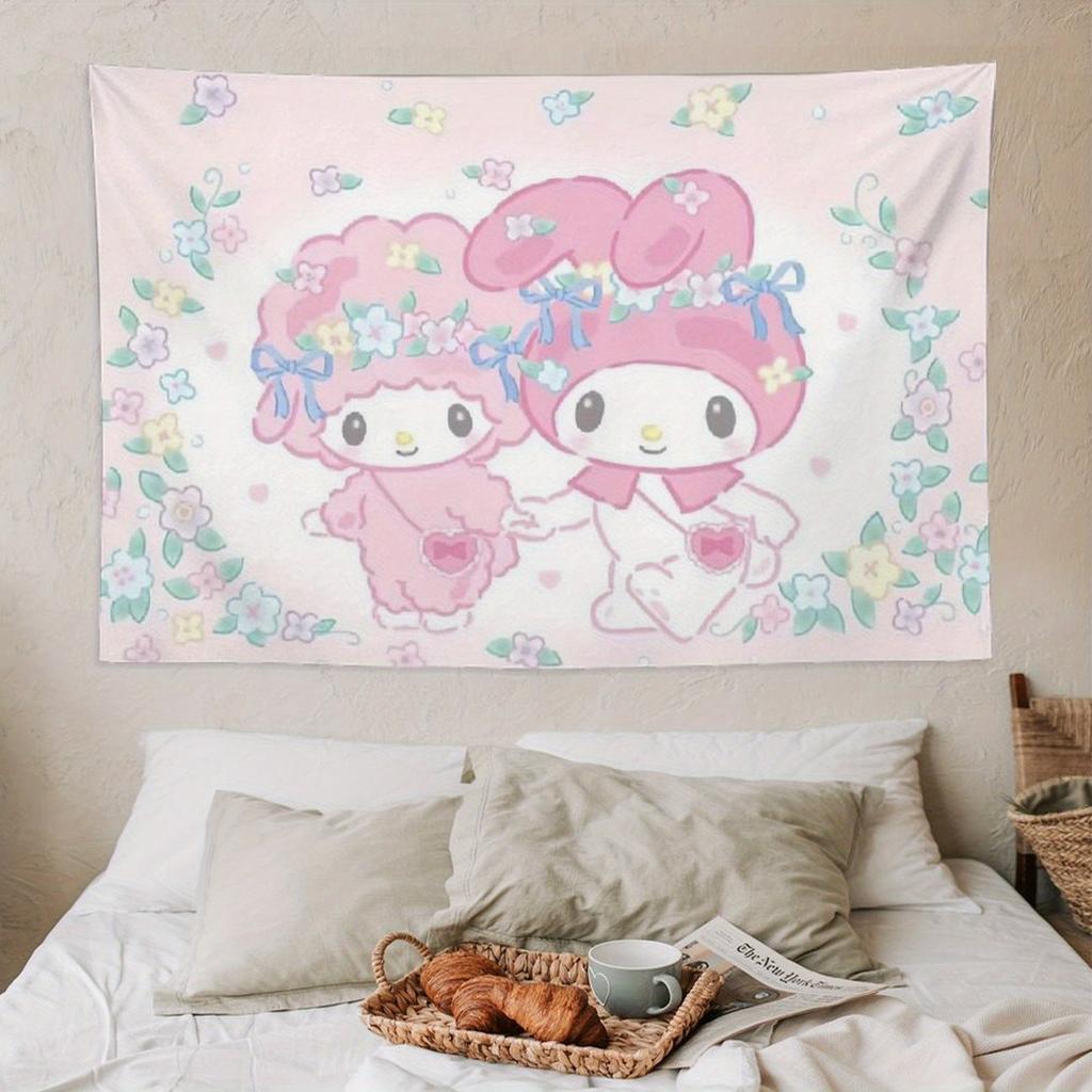 Sanrio Melody and Sweetheart Piano Printed Tapestry Cute Cartoon Rabbit Sheep Bedroom Wall Art Fun Room Decoration Rabbit Theme