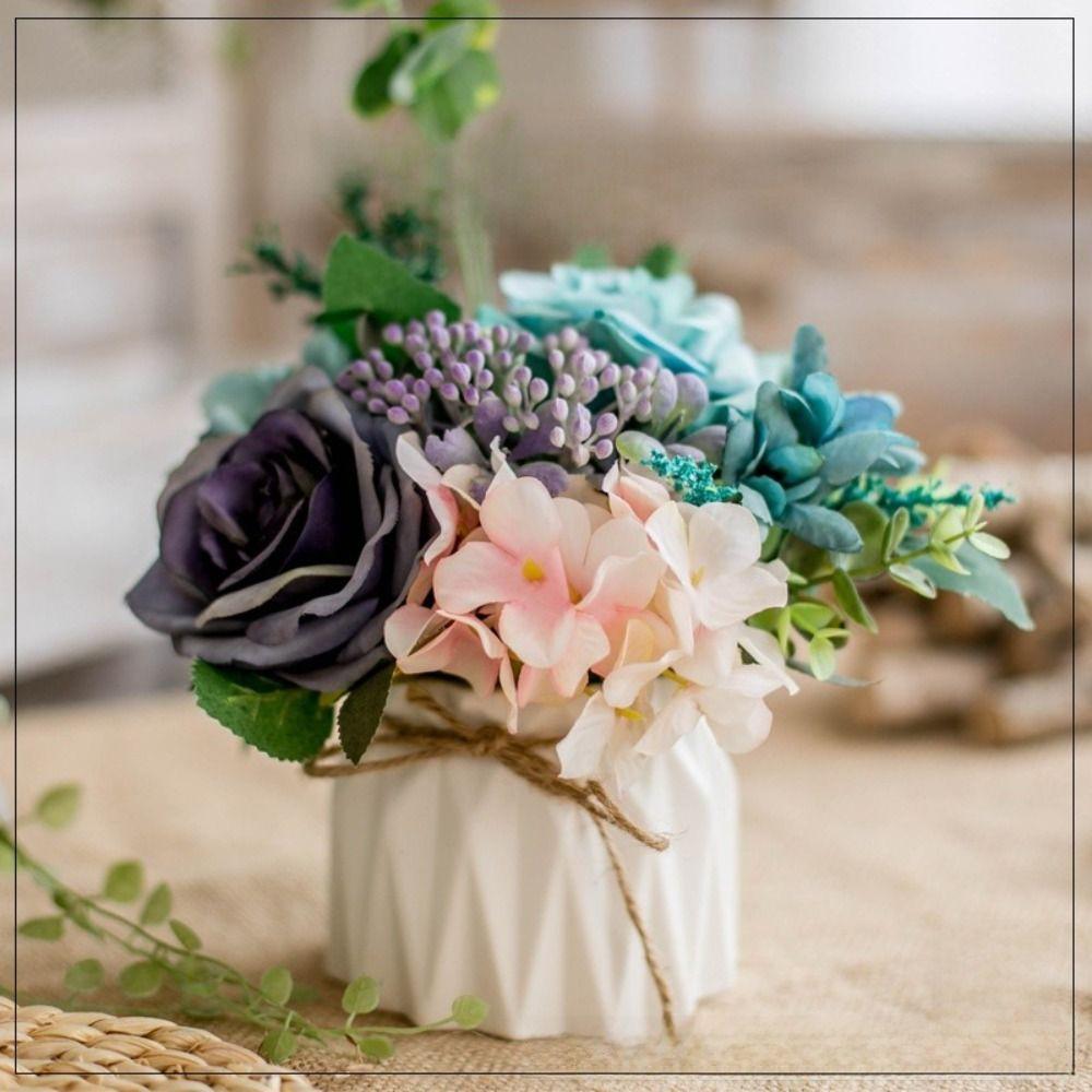 Nordic Fake Flowers with Vase Silk Variety Balls Ceramic Vase Artificial Faux Plants Hemp Rope Rose Artificial Pot Flower
