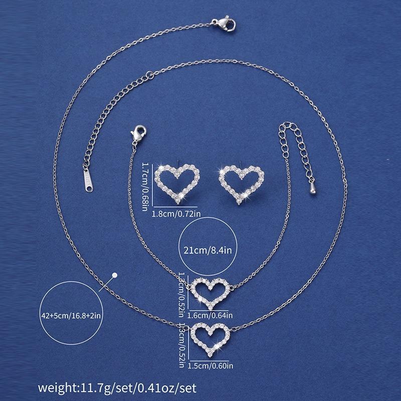 Micro Inlaid Full Rhinestone Hollow Heart Bracelet Necklace Earrings Fashion Jewelry Set