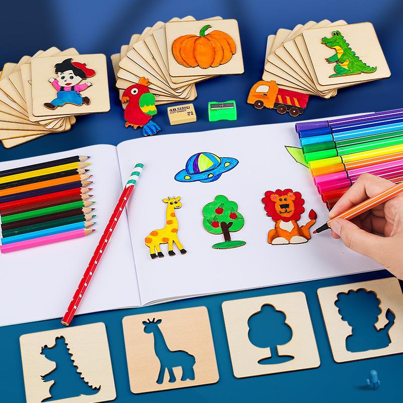 Non-Toxic 20Pcs Montessori Kids Drawing Toys Wooden Diy Painting Stencils Set Craft Toy Coloring Puzzle Educational Toys For Children Gift
