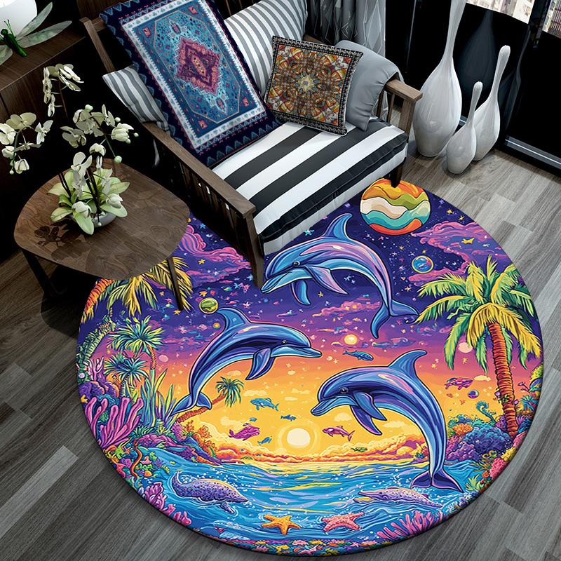 Dolphins Sunset Round Area Rug,Carpet Rug for Living Room Bedroom Sofa Playroom Decor,Non-slip Floor Mat