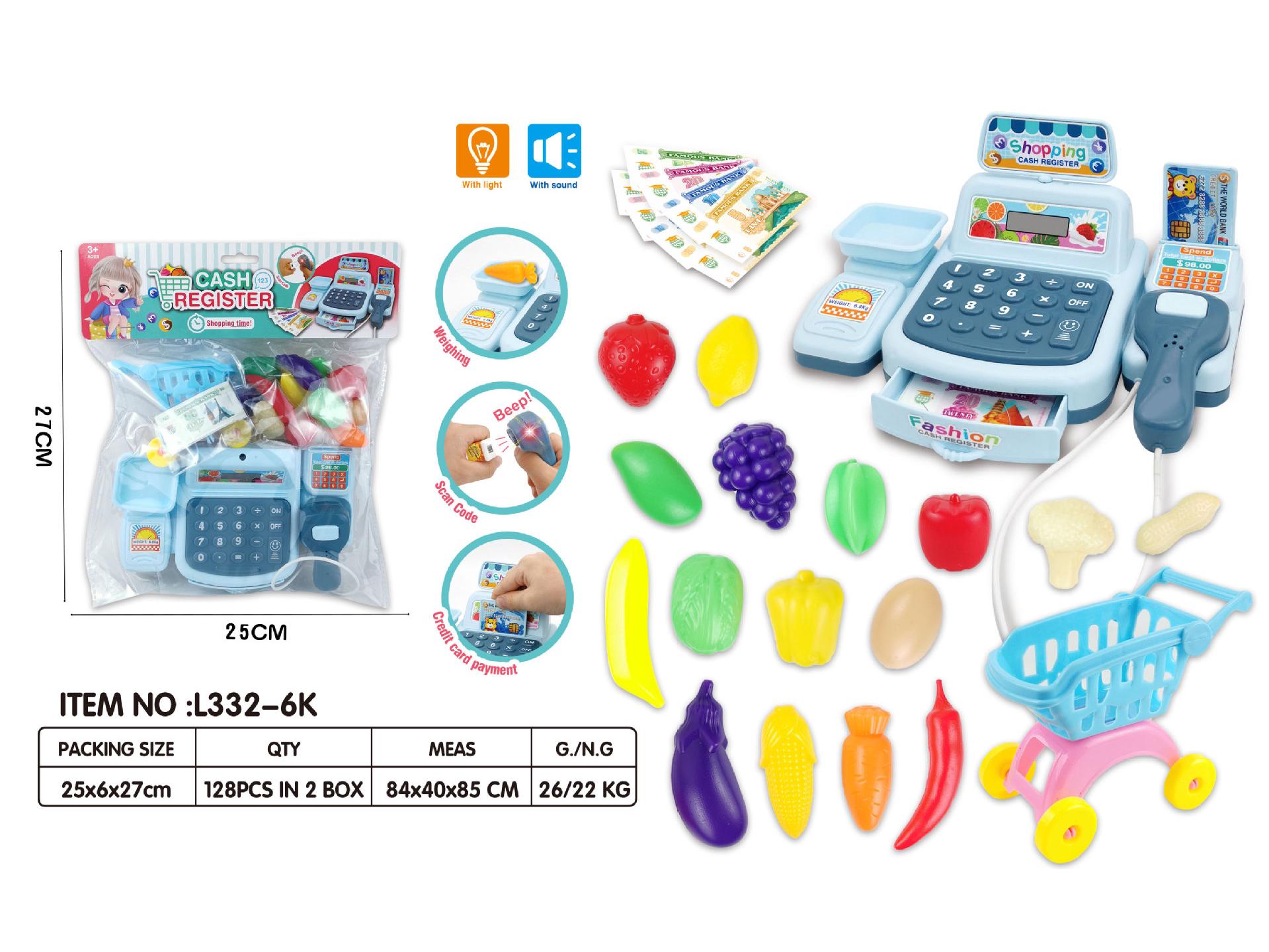 Kids Supermarket Cash Register Toy Set with Sound, Light, Fruits, Vegetables, Drinks for Role Play