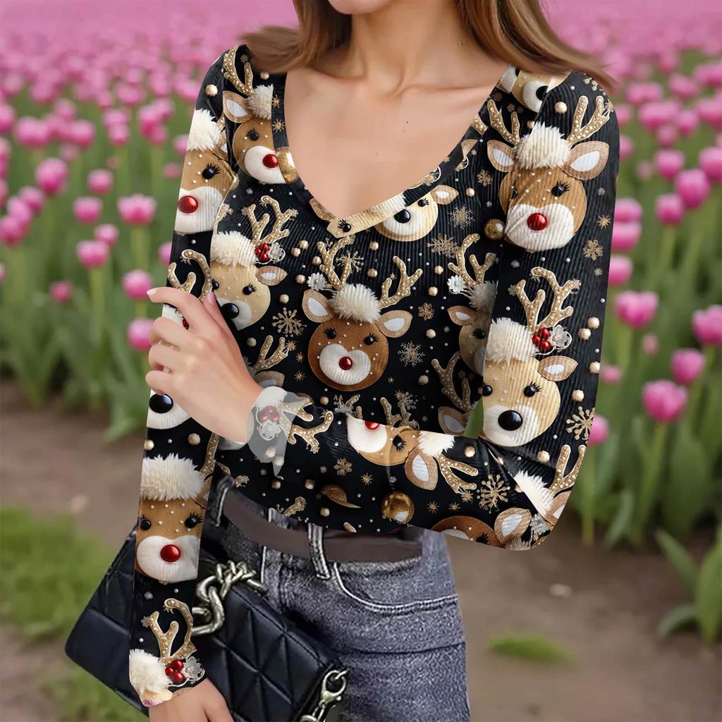Dámské zimní přiléhavé základní tričko Módní vánoční potisk Výstřih do V Pulovr Top s dlouhým rukávem