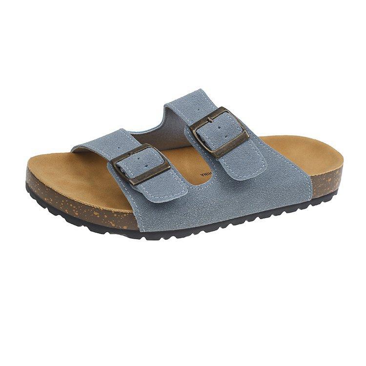 British retro one-word button slippers women's summer wear 2025 new Korean version one-word drag flats beach shoes sandals