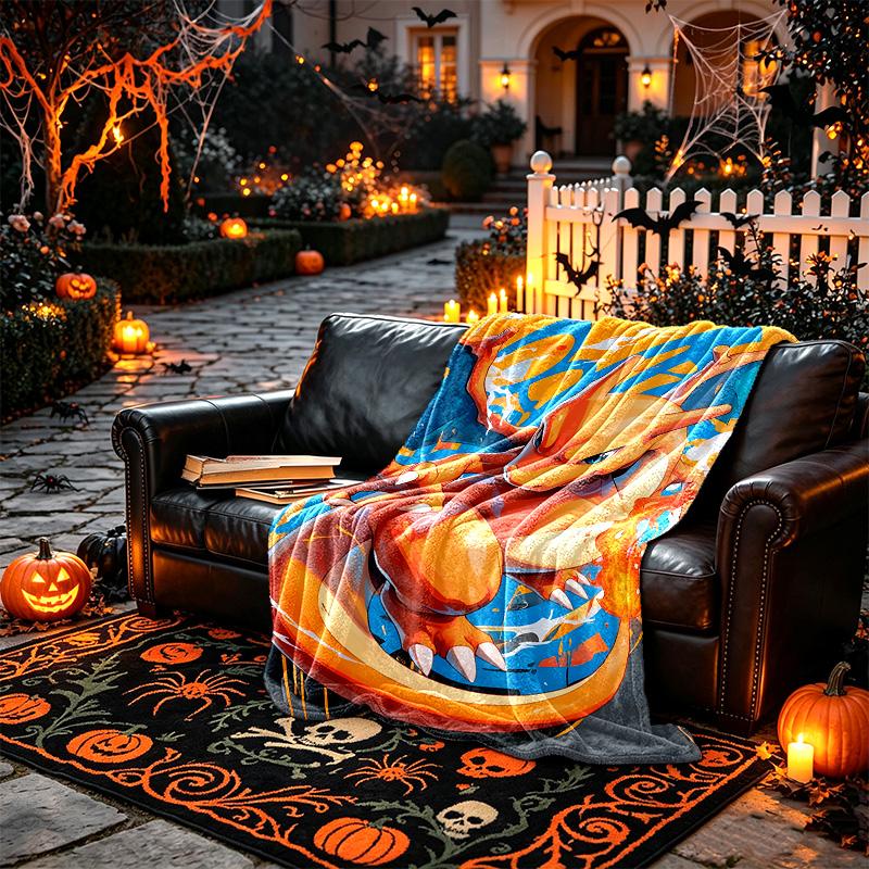 1pc Orange Dragon Cartoon Blanket, Super Cozy Printed Home Blanket, All-Season Warmth