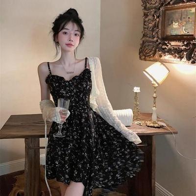 Hepburn Style Black Floral Camisole Dress & Sun Protection Cardigan Set for Women
