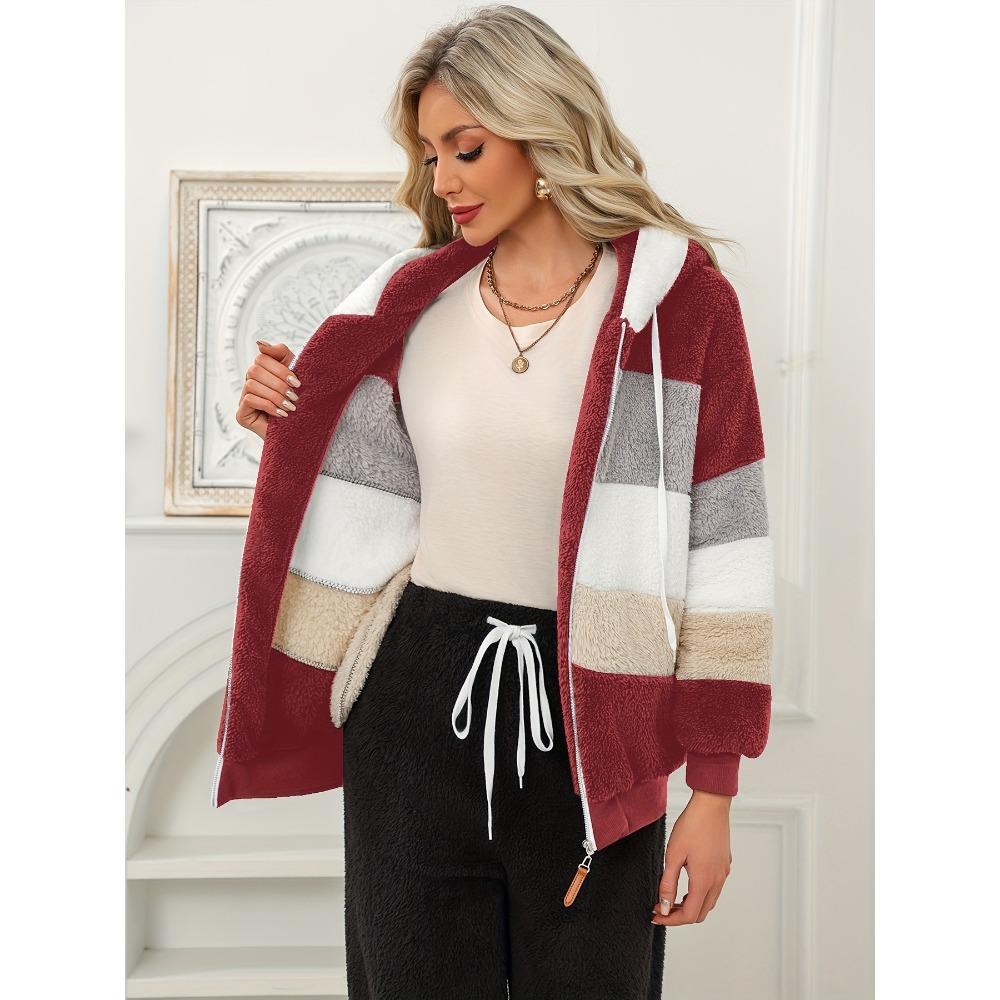 Damen Mehrfarbiger Flauschiger Kapuzenmantel, Lockere Warme Plüschjacke für Herbst Winter