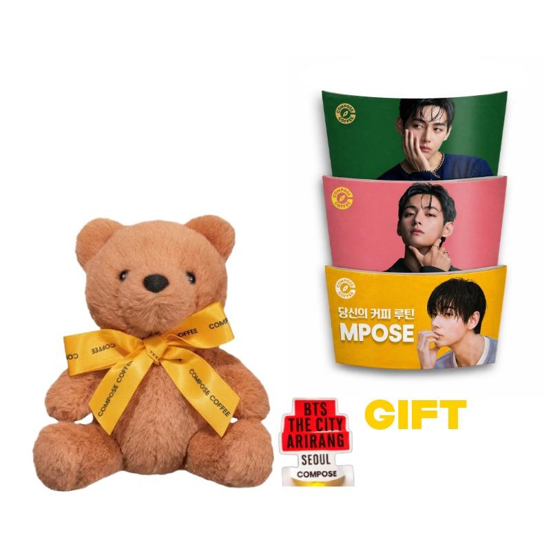 

BTS V Taehyung × COMPOSE COFFEE Bear Keyring + Cup Sleeve All 3 Types & Straw Pick Korea Limited Official Merch