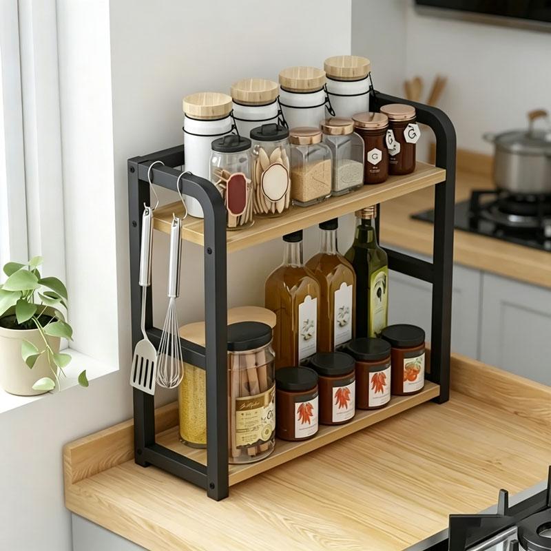 2-Tier Metal Countertop Rack Kitchen Storage Rack Space-Saving Multifunctional Rust-proof Rack for Cups and Condiments