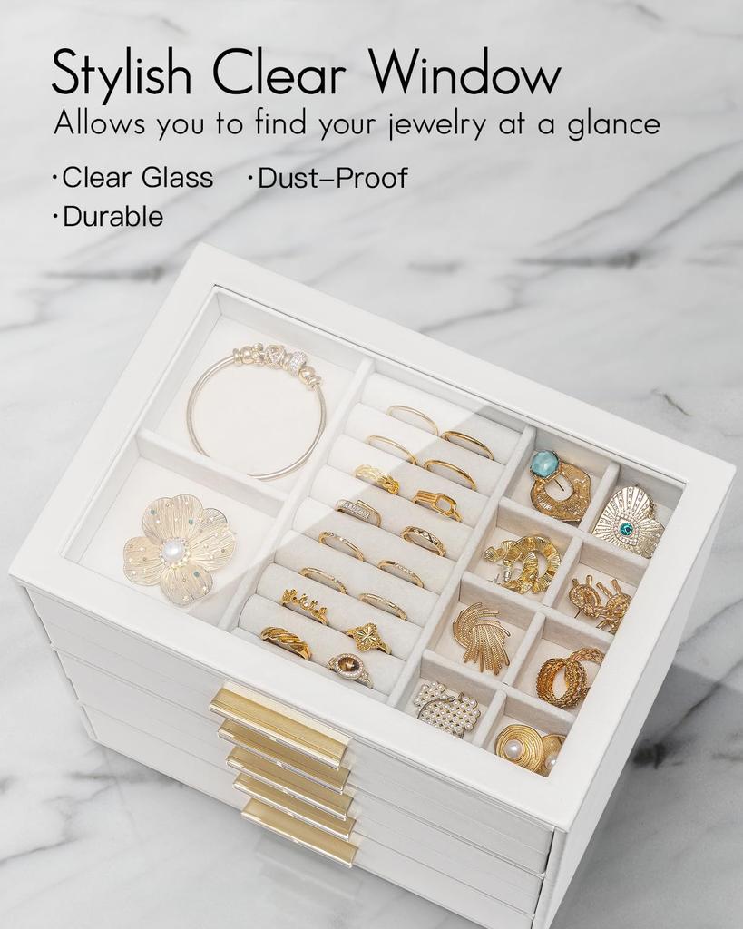 Vlando Glass Lid 5-Drawer Jewelry Box for Women, Organizer for Necklaces, Rings, Earrings, Bracelets, and Accessories (White)