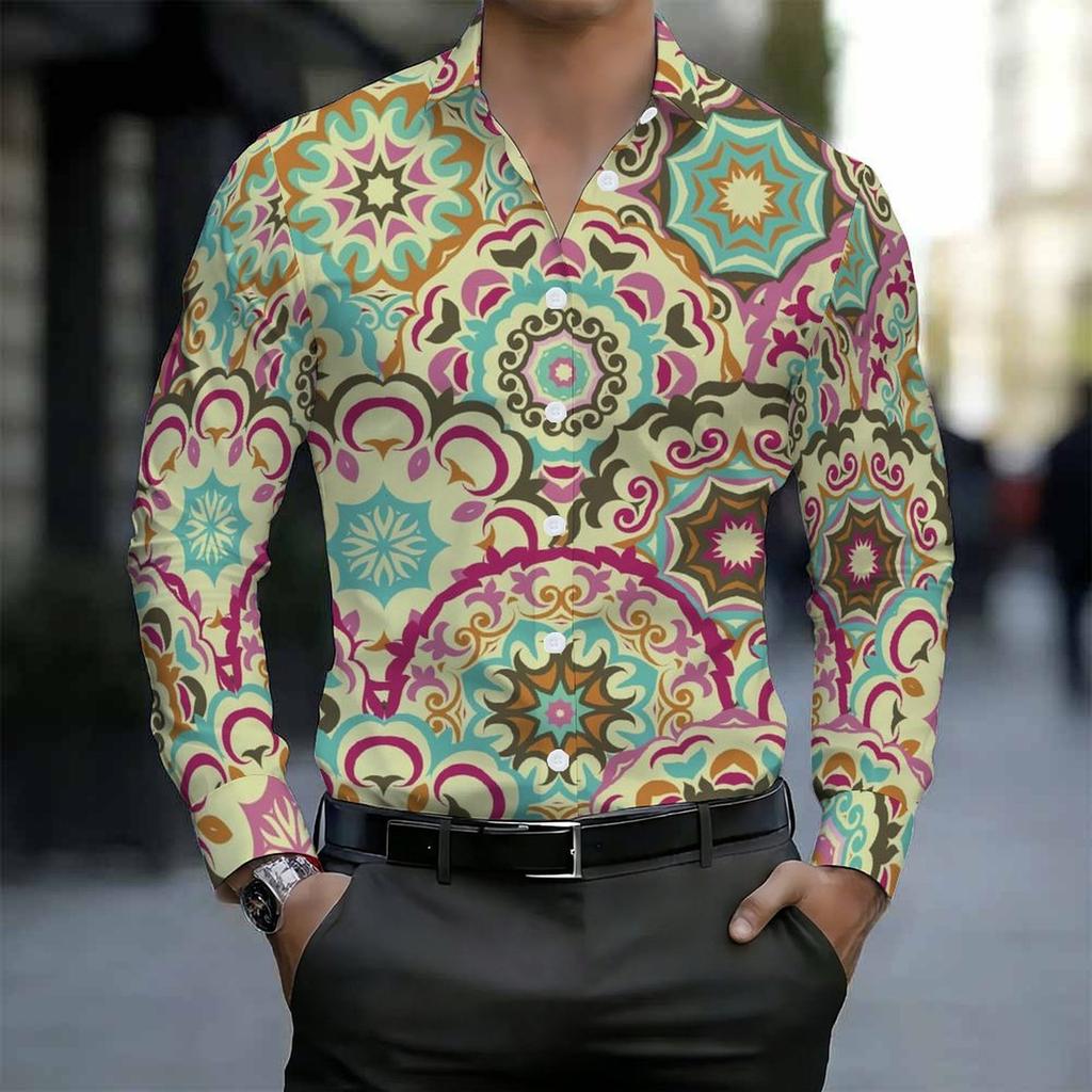 Men Collared Shirt Multicolor Square Mandala Mosaic Print Long Sleeve Button Down Top