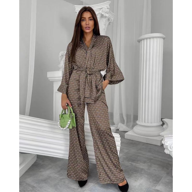 Western Style Print Cardigan Top Trousers Loose Set Women Home Wear Printed Top Set