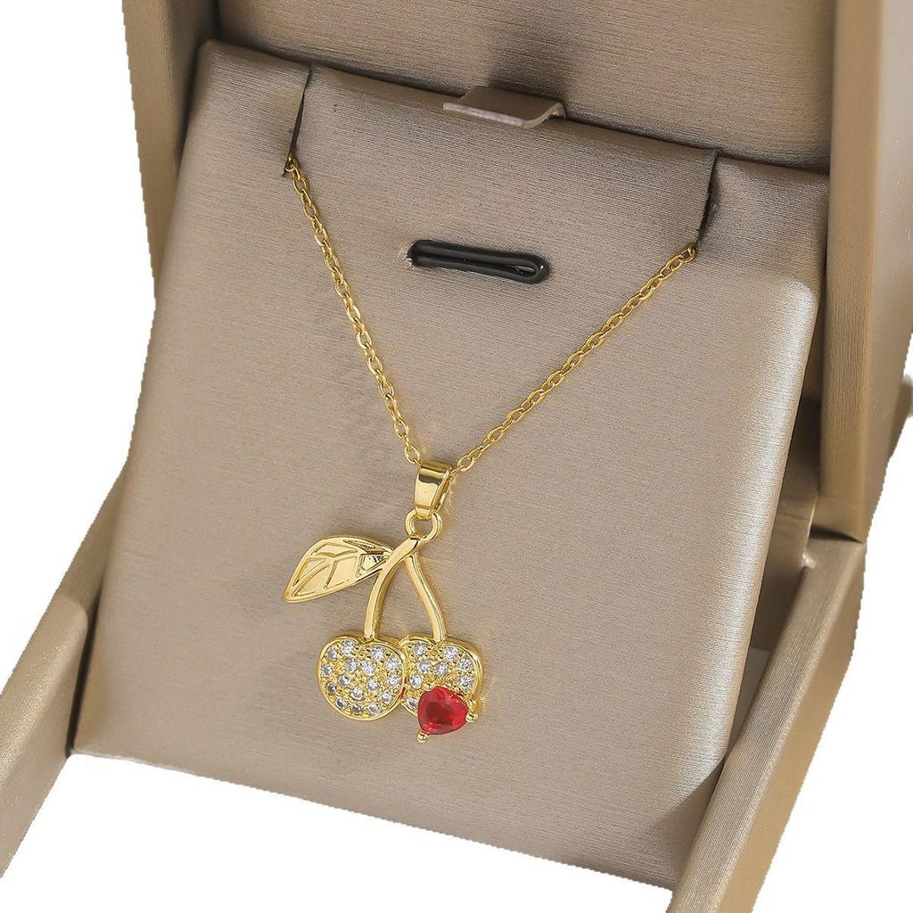 Red Cherry Pendant Necklace, Japan & Korea Trend, Summer 2025 Fashion, Women's Titanium Steel Clavicle Chain