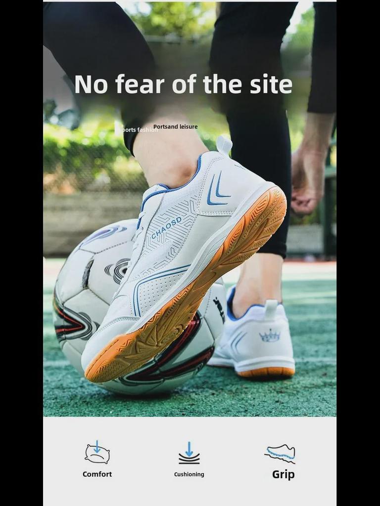 Unisex Indoor Futsal Shoes with Flat Cowhide Sole for Wooden and Cement Floors—Ideal for Youth and Student Training.