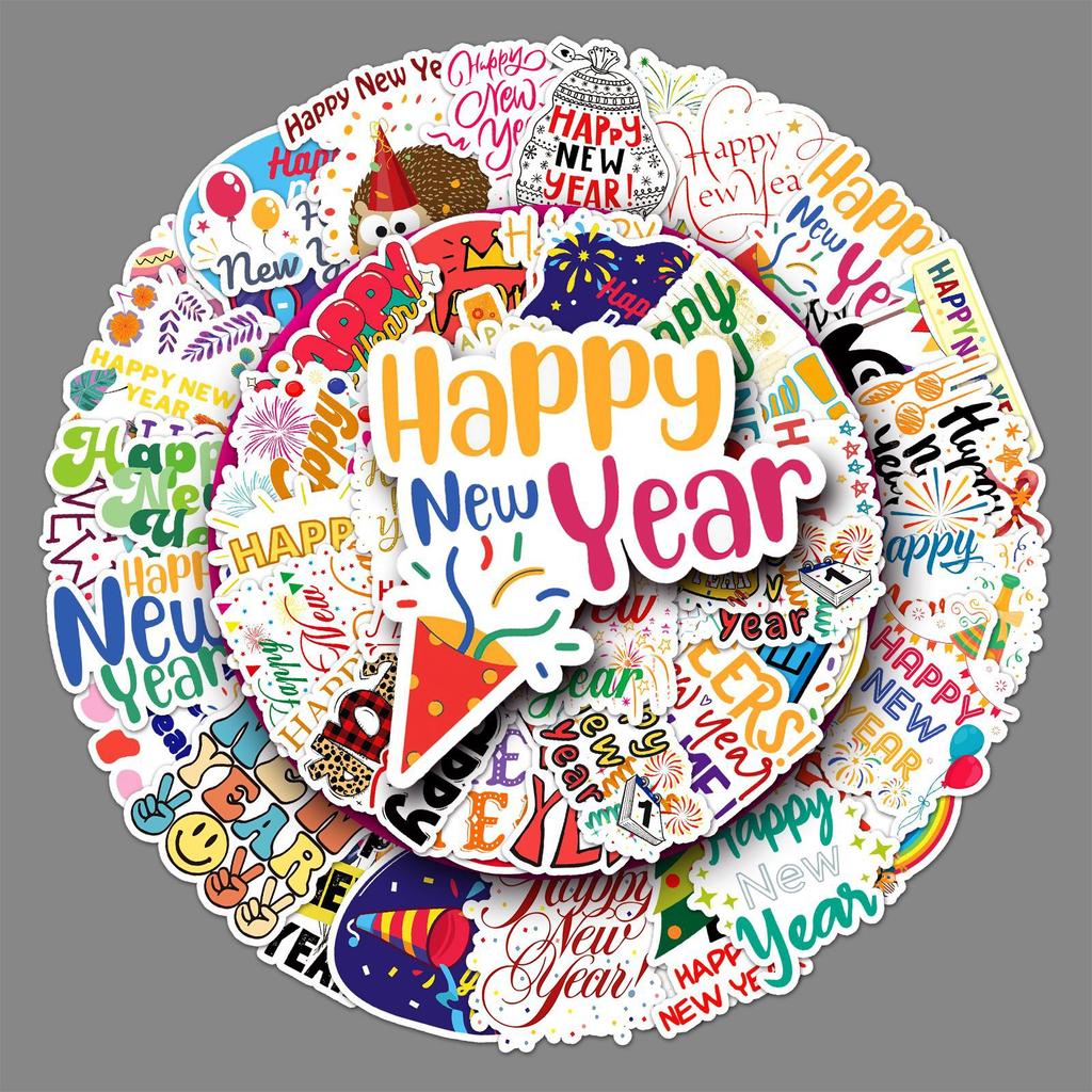 50 Happy New Year Doodle Decoration Festival English Stickers DIY Mobile Case Suitcase Stickers Waterproof