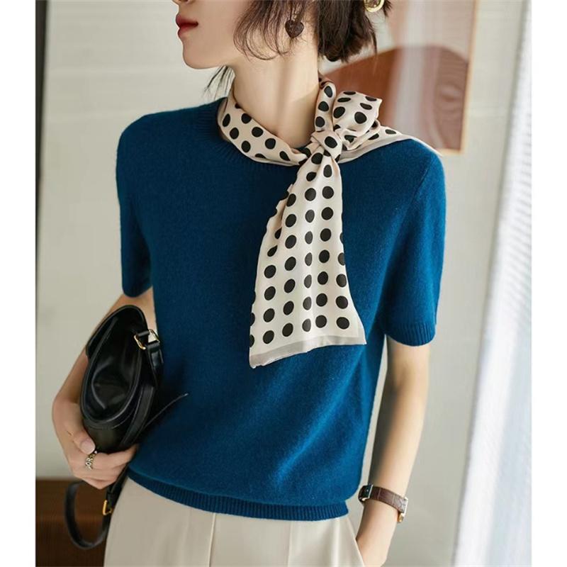 2022 Spring Summer Fashion Simple Pullover Elegant Fashion O-Neck Solid Knitted Sweater Women Short Sleeve Casual Loose Tops