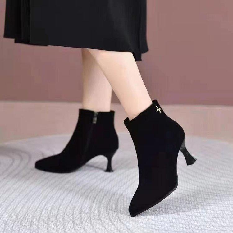 medium heel bare boots women's suede stiletto high heels women's temperament matte short boots autumn and winter pointed elastic thin boots