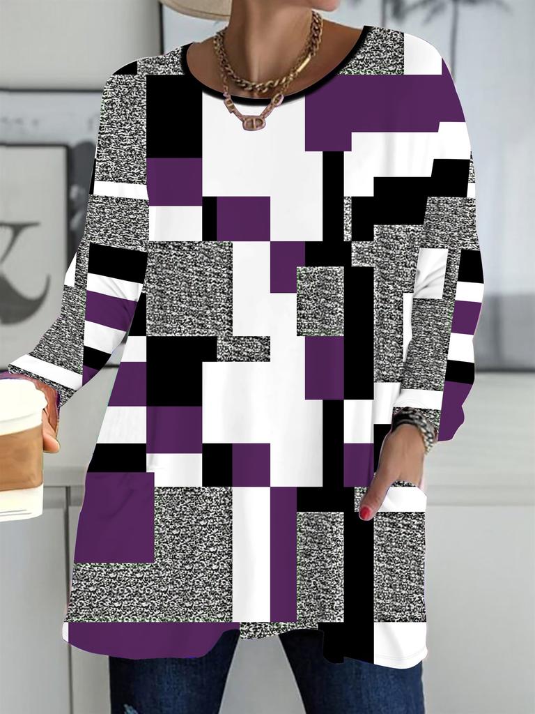 2025 Autumn Winter New Plus Size Women's Tops, Plaid 3D Print Fashion Crew Neck Long Sleeve T-Shirts