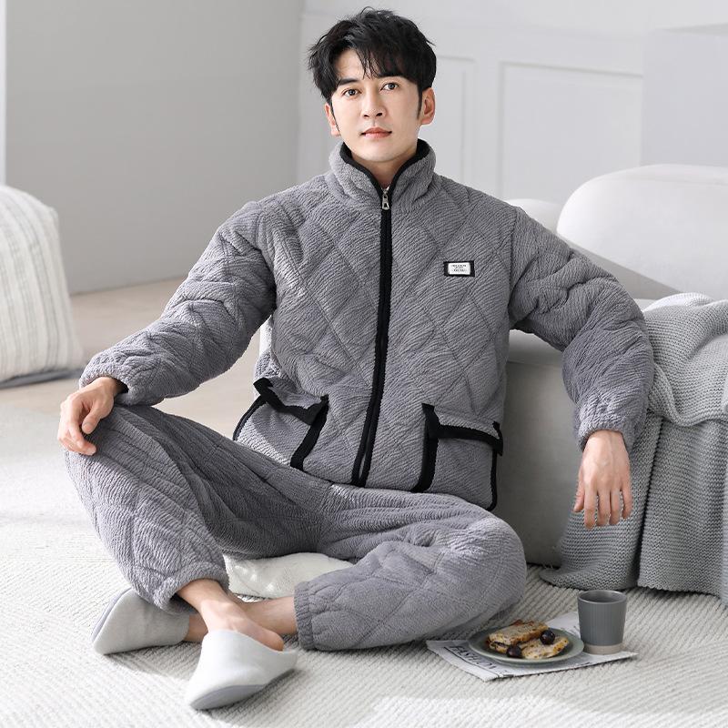 

Пижама мужская зимняя из кораллового флиса, трехслойная, на подкладке из хлопка, утолщенный флис, домашняя одежда, теплая стеганая куртка, фланелевый комплект с воротником-стойкой 3XL
