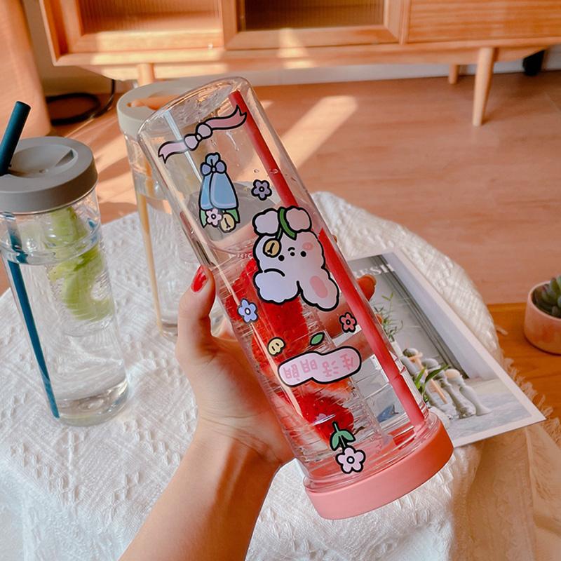 700ML Cute Clear Plastic Water Bottle For Girls With Straw Tea Strainer Stickers Summer Large Capacity Bubble Juice Drink Cup