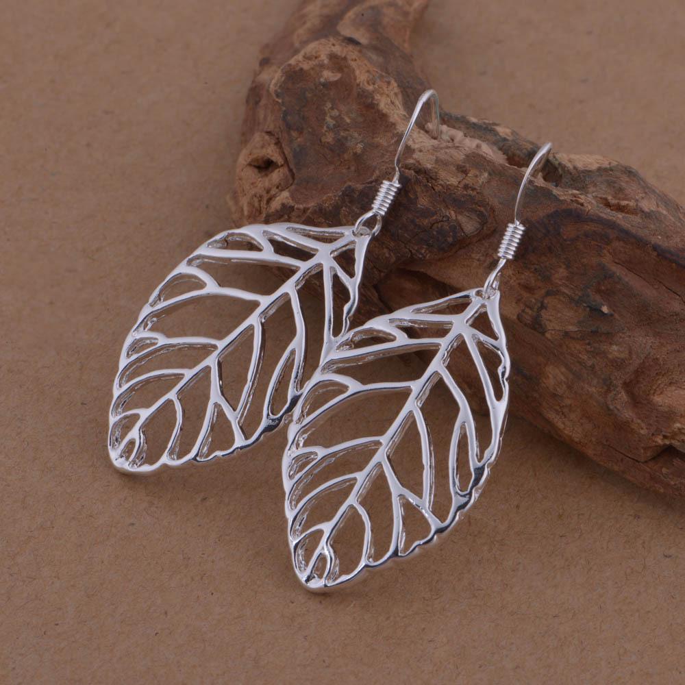 925 Sterling Silver Plated Hollow Leaf Earrings - Korean Style