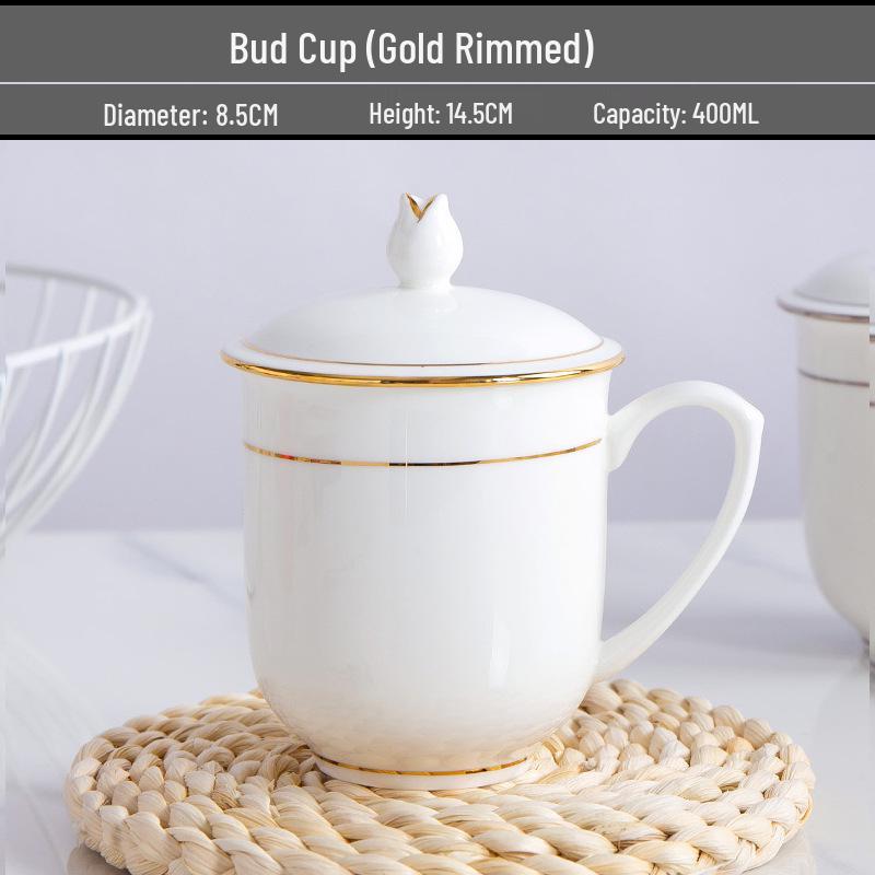 Gold Painted Jingdezhen Ceramic Cup with Lid - High Temp Bone China Tea Cup for Business Meetings and Home