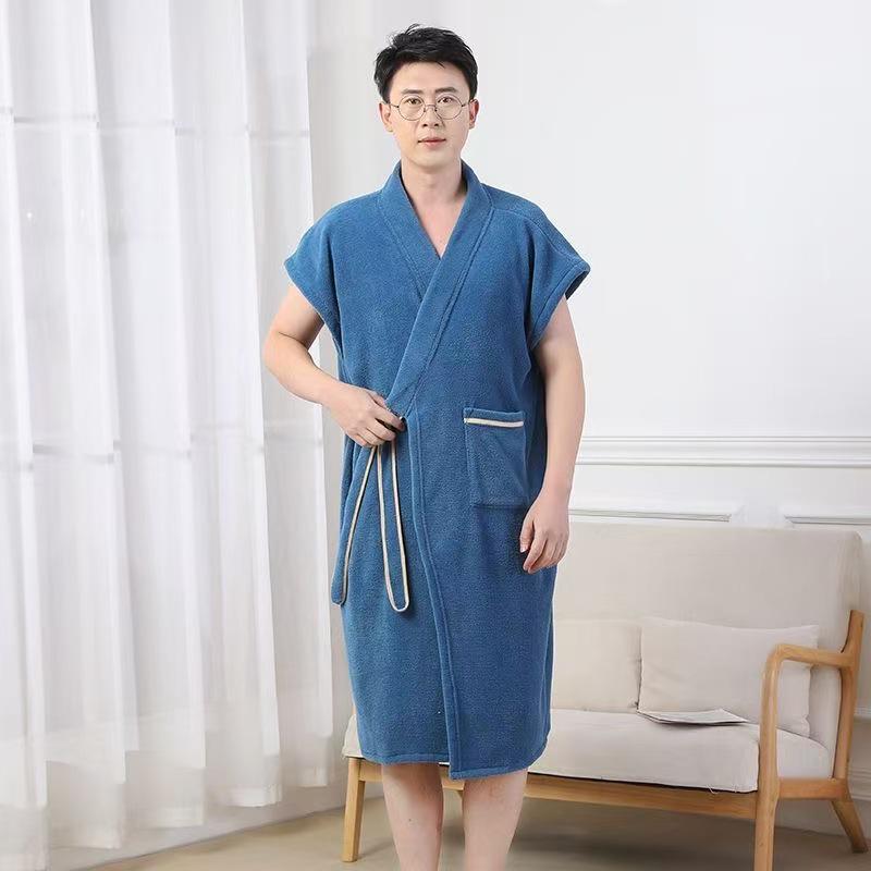 Unisex Plaid Absorbent Bath Towel Robe - Short Sleeve Couplet for Men and Women