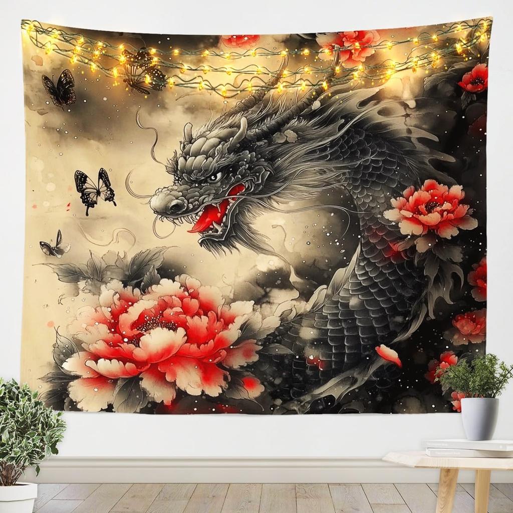 Chinese Dragon Tapestry, Black Dragon with Red Peony and Butterfly Print Wall Hanging for Bedroom, Living Room Decor