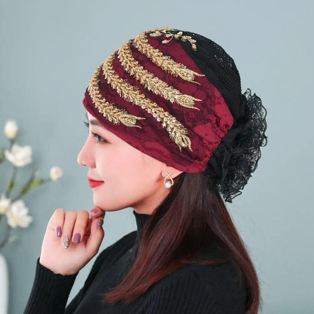 Head Scarf Lace Turban Hats Rhinestone Islamic Under Scarf Solid Color Summer Thin Headscarf  Women