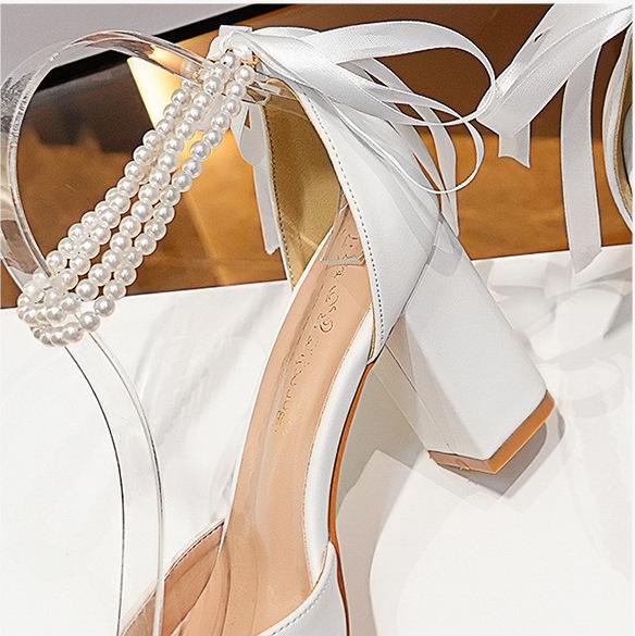 

Large size high-heeled sandals women s open-toed sexy white ribbon bow beaded pearl women s shoes classic fashion wedding shoes 43 белый