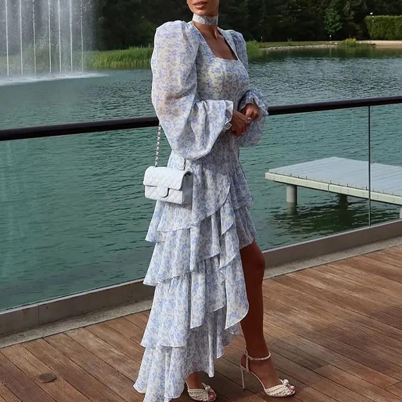 European and American Women's Clothing, New Spring Models, Fashionable and Elegant Printed Irregular Ruffle Edge Dress