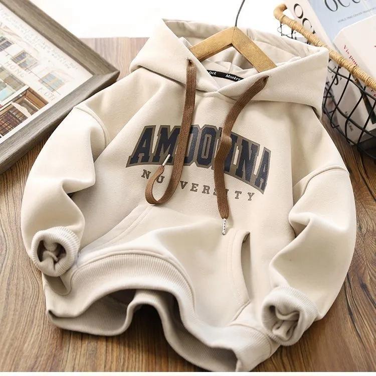 Boys Thickened Fleece Hoodie Winter Warm Pullover Top For Big Kids Casual Sweatshirt 90