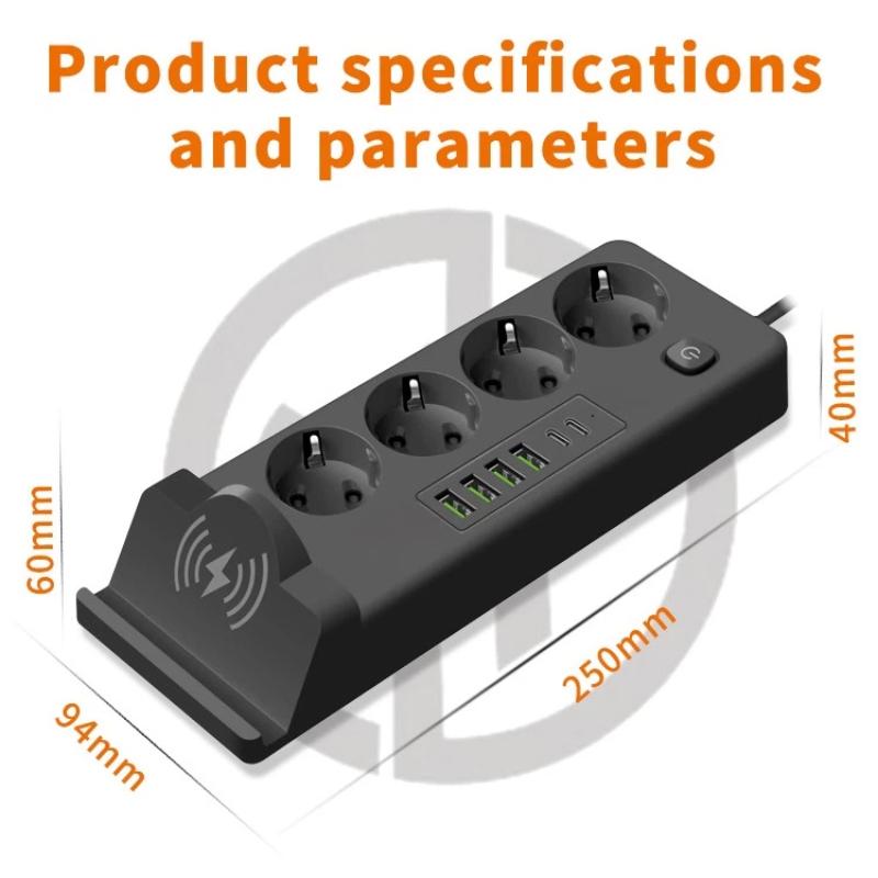 EU Plug Power Strip With Wireless Charger – Multi-Outlet USB PD Charging Station with Wireless Charging Pad