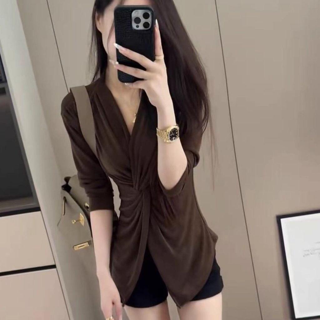 Women's Autumn 2025 Slim Fit V-Neck Twisted Long-Sleeve Top
