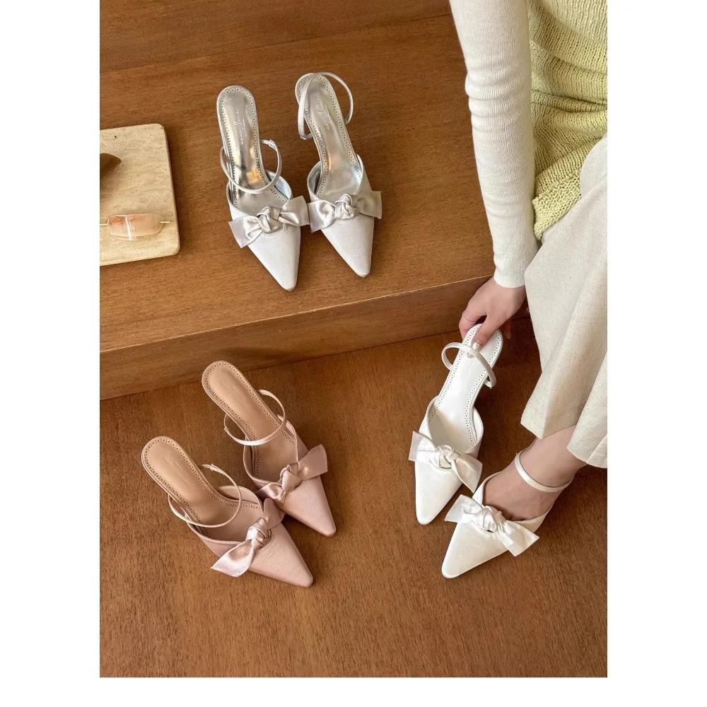 New Black Butterfly Knot Women Slingbacks Heels Shoes Sexy Dress Thin Heel Pointed Toe Mules Ladies High Heels Women Pumps